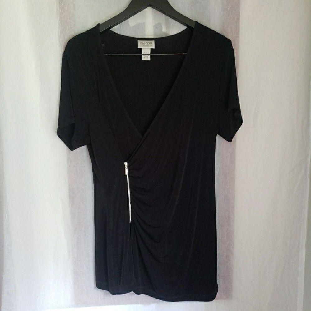 Chico's Travelers Women's Black Blouse V Neck Side Zipper Front Size 2 US L